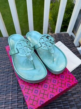 Tory Burch Metallic Aqua Miller Thong Sandals size 7